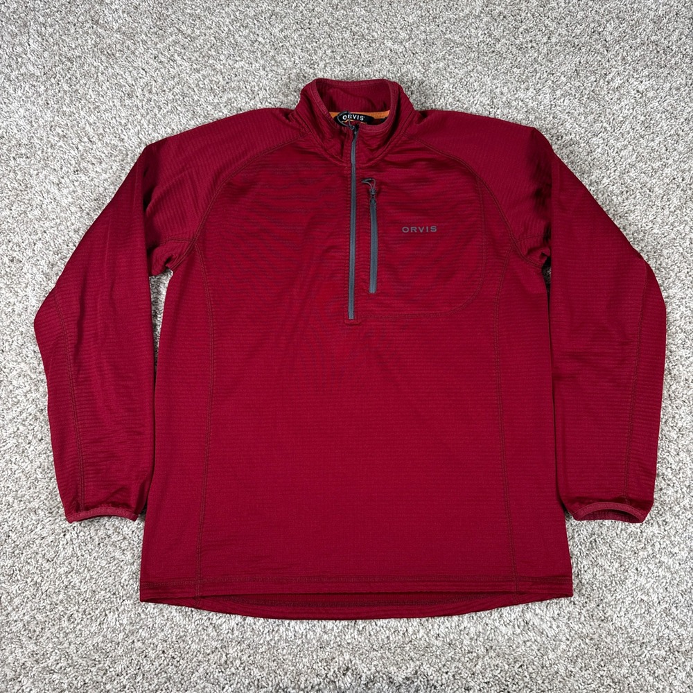 Orvis Sweater Mens Medium Red Grid Fleece Hiking Quarter Zip Pullover‎